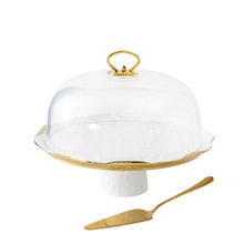 Charger l'image dans la galerie, Cloche à gâteaux en porcelaine blanche bords dorés avec pelle à tarte