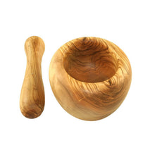 Charger l'image dans la galerie, Mortier rond (environ 12 cm de diamètre) avec pilon en bois d'olivier