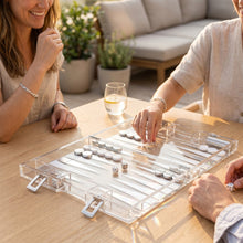Charger l'image dans la galerie, Jeu de backgammon mallette mini en acrylique blanc et argent 25x20x5c
